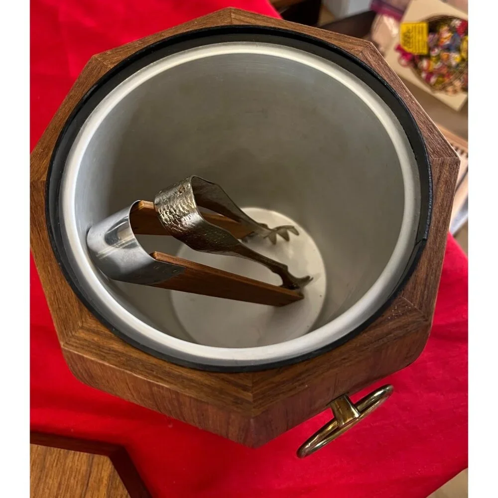 Vintage Japanese Mid-Century Modern Teak Ice Bucket Brass Handle Tongs Octagonal